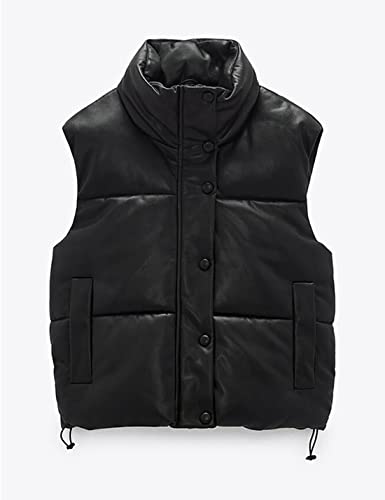 Yidarer Women's PU Leather Puffer Vest Stand Collar Padded Vest Sleeveless Quilted Lightweight Jacket (Black, M)