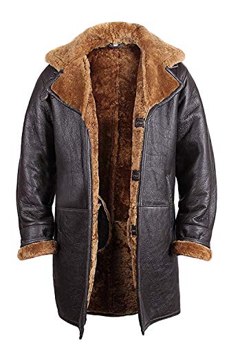 BRANDSLOCK Mens Real Shearling Sheepskin Leather Warm Duffle Trench Coat (Brown, L)