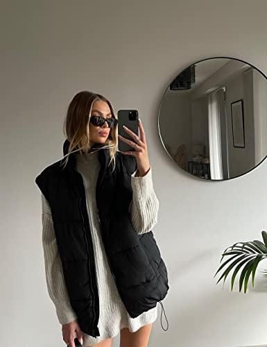 Springrain Womens Oversized Quilted Puffer Vest Padded Warm Winter Jacket with Stand Collar Bubble Puffer Gilet(Black-L)