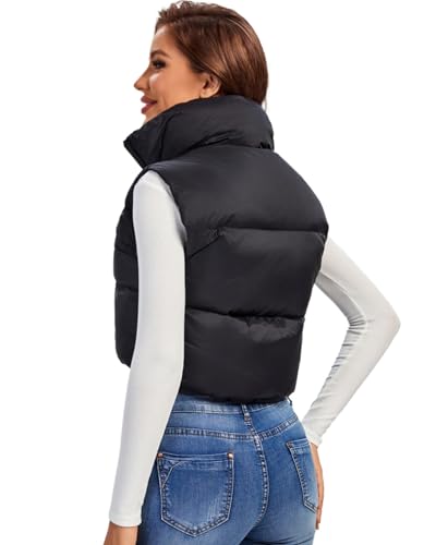 Fuinloth Women's Padded Vest, High Stand Collar Lightweight Zip Crop Puffy Gilet Black S