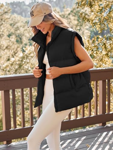 AUTOMET Womens Puffer Vests Fall Fashion Jackets Puffy Outfits 2024 Trendy Sleeveless Long Down Coats Outerwear Quilted Winter Plus Size Bubble Clothes Pocket Black S