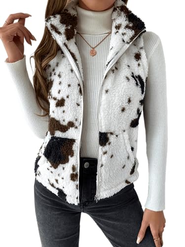 SOLY HUX Women's Cow Print Fleece Fuzzy Zip Up Vest Jacket Sleeveless Outwear with Pockets White and Brown XL
