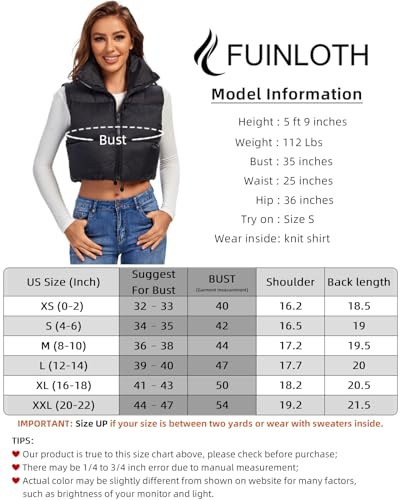 Fuinloth Women's Padded Vest, High Stand Collar Lightweight Zip Crop Puffy Gilet Black S