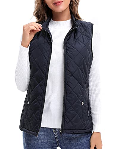 Argstar Women's Quilted Puffer Vest, Stand Collar Lightweight Zip Padded Outerwear Gilet Dark Blue Medium