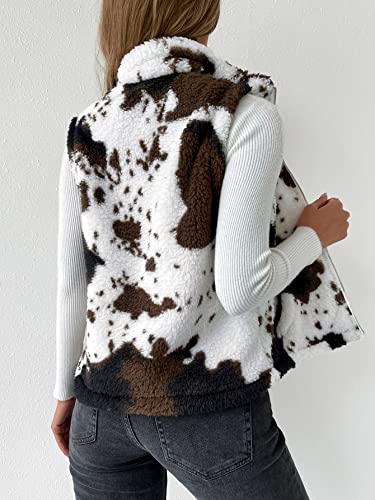 SOLY HUX Women's Cow Print Fleece Fuzzy Zip Up Vest Jacket Sleeveless Outwear with Pockets White and Brown XL