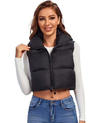Fuinloth Women's Padded Vest, High Stand Collar Lightweight Zip Crop Puffy Gilet Black S