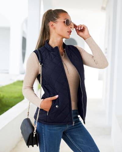 Argstar Women's Quilted Puffer Vest, Stand Collar Lightweight Zip Padded Outerwear Gilet Dark Blue Medium
