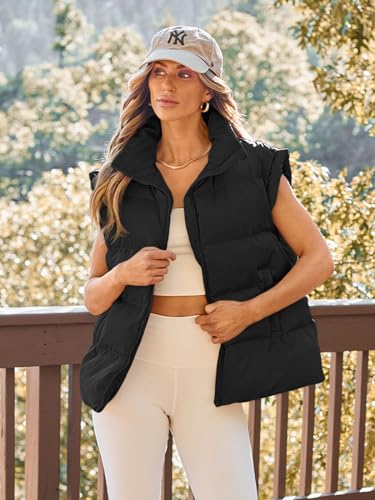 AUTOMET Womens Puffer Vests Fall Fashion Jackets Puffy Outfits 2024 Trendy Sleeveless Long Down Coats Outerwear Quilted Winter Plus Size Bubble Clothes Pocket Black S