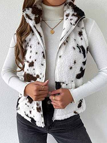 SOLY HUX Women's Cow Print Fleece Fuzzy Zip Up Vest Jacket Sleeveless Outwear with Pockets White and Brown XL