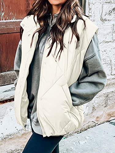MEROKEETY Women's 2024 Winter Puffer Vest Quilted Stand Collar Zip Up Padded Gilet Coat with Pockets,Beige,M