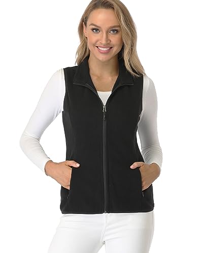 Fuinloth Women's Fleece Vest, Polar Soft Sleeveless Classic Fit with Zip up Pockets Black Medium