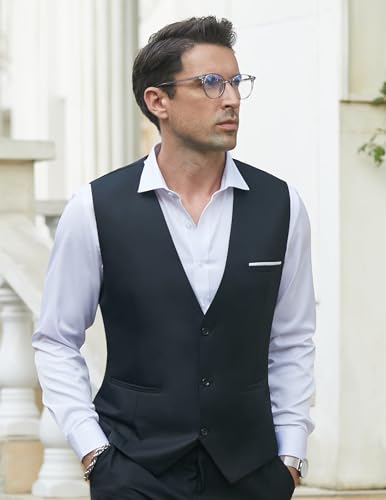 COOFANDY Men's V-Neck Sleeveless Slim Fit Jacket Casual Suit Vests,Black-02,Large