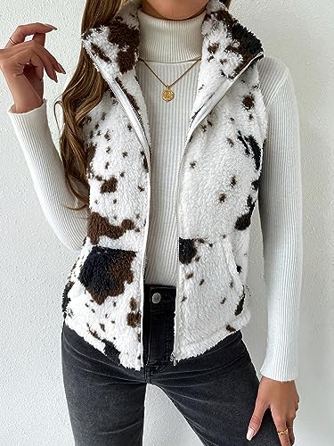 SOLY HUX Women's Cow Print Fleece Fuzzy Zip Up Vest Jacket Sleeveless Outwear with Pockets White and Brown XL