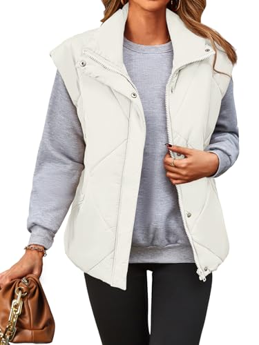 MEROKEETY Women's 2024 Winter Puffer Vest Quilted Stand Collar Zip Up Padded Gilet Coat with Pockets,Beige,M