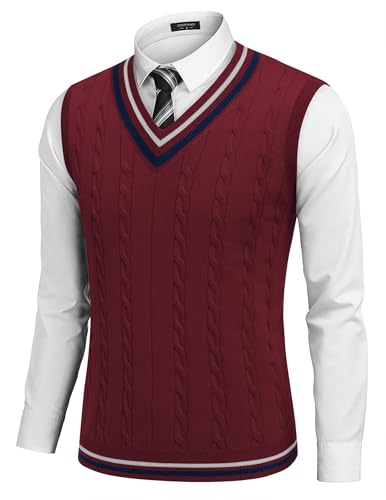 COOFANDY Men's Cable Knit Sweater Vest Cotton Knit V Neck Sweater Sleeveless Vest Casual Pullover Tops Dark Red