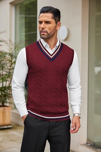COOFANDY Men's Cable Knit Sweater Vest Cotton Knit V Neck Sweater Sleeveless Vest Casual Pullover Tops Dark Red