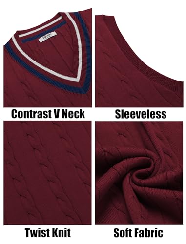 COOFANDY Men's Cable Knit Sweater Vest Cotton Knit V Neck Sweater Sleeveless Vest Casual Pullover Tops Dark Red
