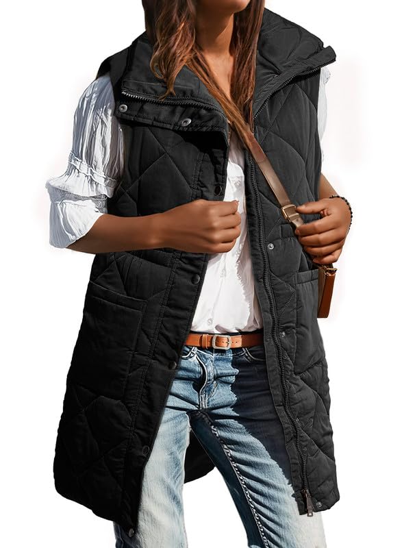 Dokotoo Womens Black Puffer Vest Warm Casual Zip Quilted Vest Sleeveless Outerwear Jacket Winter Coats for Women Quilted Vest with Pockets 2024 Fashion Large