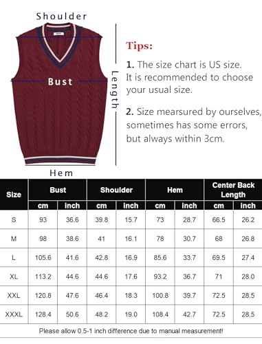 COOFANDY Men's Cable Knit Sweater Vest Cotton Knit V Neck Sweater Sleeveless Vest Casual Pullover Tops Dark Red