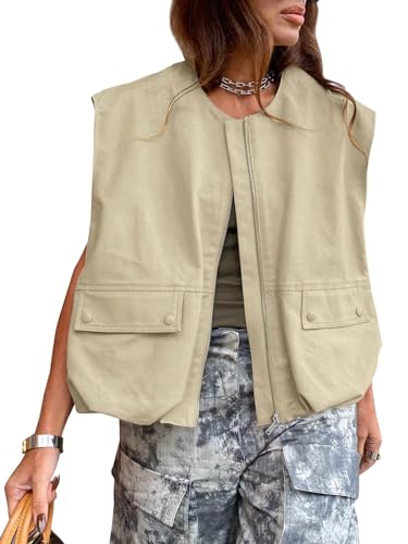 Tankaneo Womens Casual Zip Up Vest Cargo Oversized Ruched Hem Sleeveless Blazer Jackets Tops