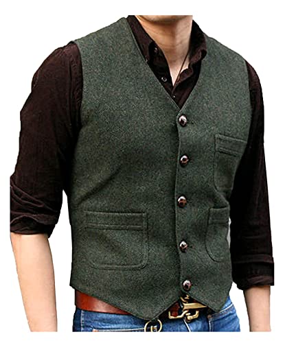 SOLOVEDRESS Mens Vintage Tweed Suit Vest V Neck Casual Wool Waistcoat for Wedding Groomsmen(Army Green,XL)
