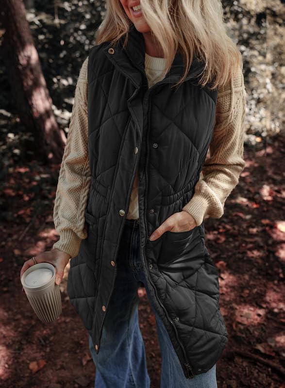 Dokotoo Womens Black Puffer Vest Warm Casual Zip Quilted Vest Sleeveless Outerwear Jacket Winter Coats for Women Quilted Vest with Pockets 2024 Fashion Large