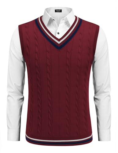 COOFANDY Men's Cable Knit Sweater Vest Cotton Knit V Neck Sweater Sleeveless Vest Casual Pullover Tops Dark Red