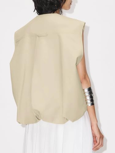 Tankaneo Womens Casual Zip Up Vest Cargo Oversized Ruched Hem Sleeveless Blazer Jackets Tops
