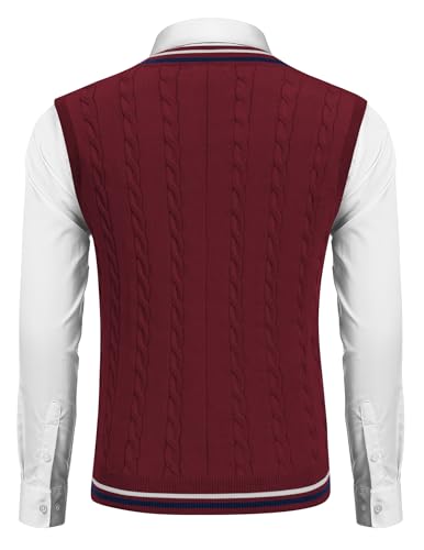 COOFANDY Men's Cable Knit Sweater Vest Cotton Knit V Neck Sweater Sleeveless Vest Casual Pullover Tops Dark Red