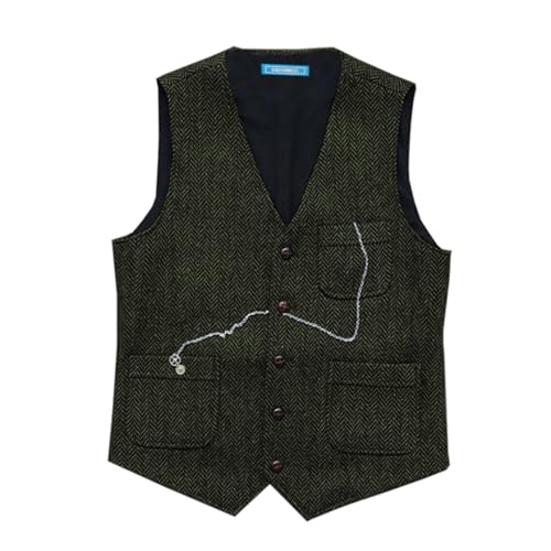 SOLOVEDRESS Mens Vintage Tweed Suit Vest V Neck Casual Wool Waistcoat for Wedding Groomsmen(Army Green,XL)