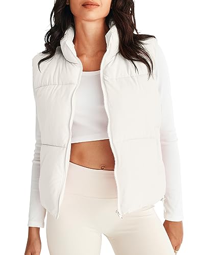 MEROKEETY Womens Puffer Vest Stand Collar Zip Up Sleeveless Padded Gilet Coat with Pockets, White, Medium