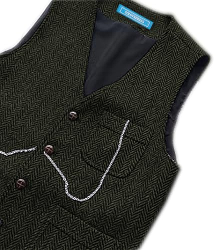SOLOVEDRESS Mens Vintage Tweed Suit Vest V Neck Casual Wool Waistcoat for Wedding Groomsmen(Army Green,XL)