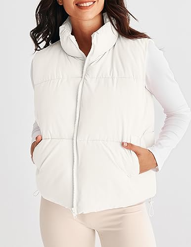 MEROKEETY Womens Puffer Vest Stand Collar Zip Up Sleeveless Padded Gilet Coat with Pockets, White, Medium