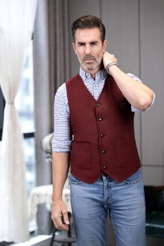 SOLOVEDRESS Mens Vintage Tweed Suit Vest V Neck Casual Wool Waistcoat for Wedding Groomsmen(Army Green,XL)