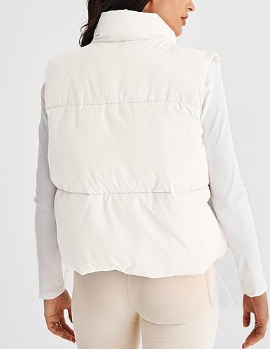 MEROKEETY Womens Puffer Vest Stand Collar Zip Up Sleeveless Padded Gilet Coat with Pockets, White, Medium