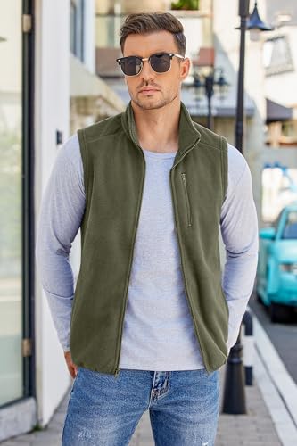 COOFANDY Mens Warm Sleeveless Vest Full-Zip Polar Fleece Vests Casual Outerwear With Pockets, Army Green, Large