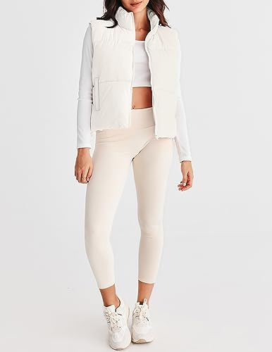 MEROKEETY Womens Puffer Vest Stand Collar Zip Up Sleeveless Padded Gilet Coat with Pockets, White, Medium