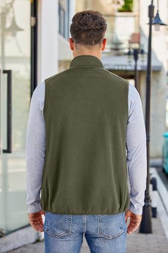 COOFANDY Mens Warm Sleeveless Vest Full-Zip Polar Fleece Vests Casual Outerwear With Pockets, Army Green, Large