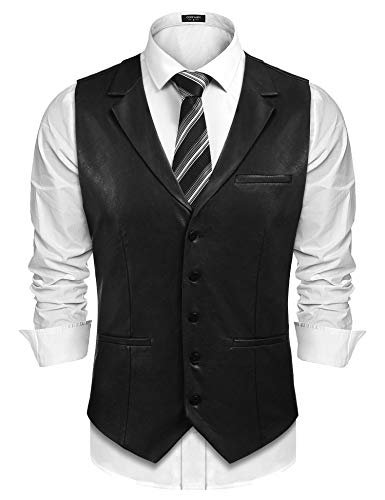 COOFANDY Men's Leather Suit Vest Casual Western Vest Jacket V-Neck Slim Fit Vest Waistcoat,Black,Large