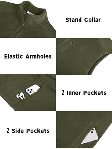 COOFANDY Mens Warm Sleeveless Vest Full-Zip Polar Fleece Vests Casual Outerwear With Pockets, Army Green, Large