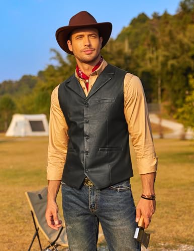 COOFANDY Men's Leather Suit Vest Casual Western Vest Jacket V-Neck Slim Fit Vest Waistcoat,Black,Large