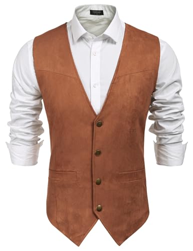 COOFANDY Men's Suede Leather Suit Vest Casual Western Vest Jacket Slim Fit Vest Waistcoat (Large, TypeA-Brown)