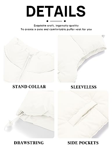 MEROKEETY Womens Puffer Vest Stand Collar Zip Up Sleeveless Padded Gilet Coat with Pockets, White, Medium