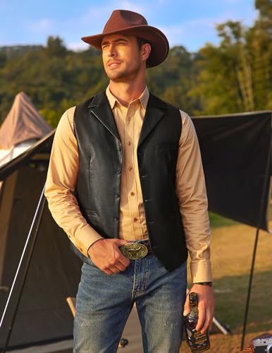 COOFANDY Men's Leather Suit Vest Casual Western Vest Jacket V-Neck Slim Fit Vest Waistcoat,Black,Large