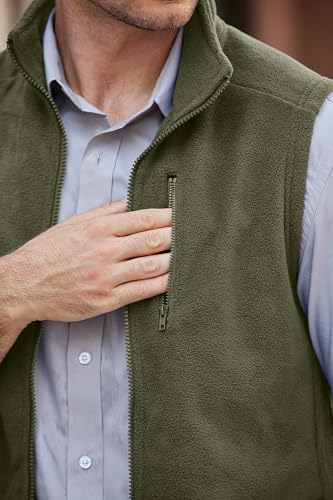 COOFANDY Mens Warm Sleeveless Vest Full-Zip Polar Fleece Vests Casual Outerwear With Pockets, Army Green, Large