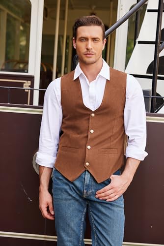 COOFANDY Men's Suede Leather Suit Vest Casual Western Vest Jacket Slim Fit Vest Waistcoat (Large, TypeA-Brown)