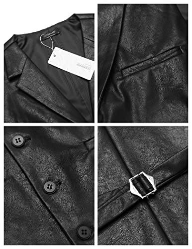 COOFANDY Men's Leather Suit Vest Casual Western Vest Jacket V-Neck Slim Fit Vest Waistcoat,Black,Large