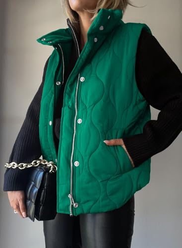 EVALESS Womens Fall Fashion 2024 Cropped Puffer Vest Lightweight Quilted Stand Collar Sleeveless Jackets Fall Button Zip Up Warm Coats Outerwear with Pockets Green Medium