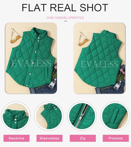 EVALESS Womens Fall Fashion 2024 Cropped Puffer Vest Lightweight Quilted Stand Collar Sleeveless Jackets Fall Button Zip Up Warm Coats Outerwear with Pockets Green Medium
