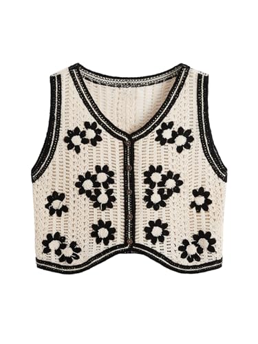 Verdusa Women's Button Front V Neck Sleeveless Floral Pattern Knit Sweater Vest Flower Beige L